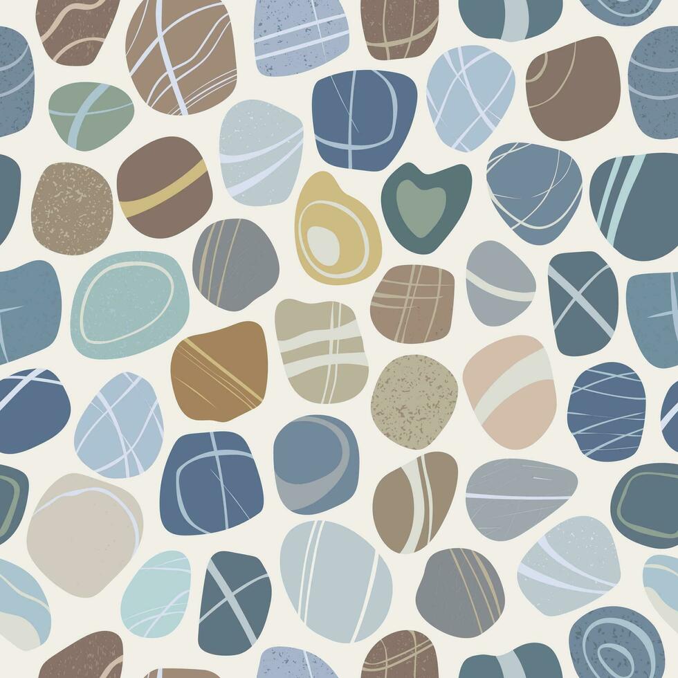 Seamless sea stone pattern on light background. Natural coloured pebbles of different shapes. Flat style. Vector illustration