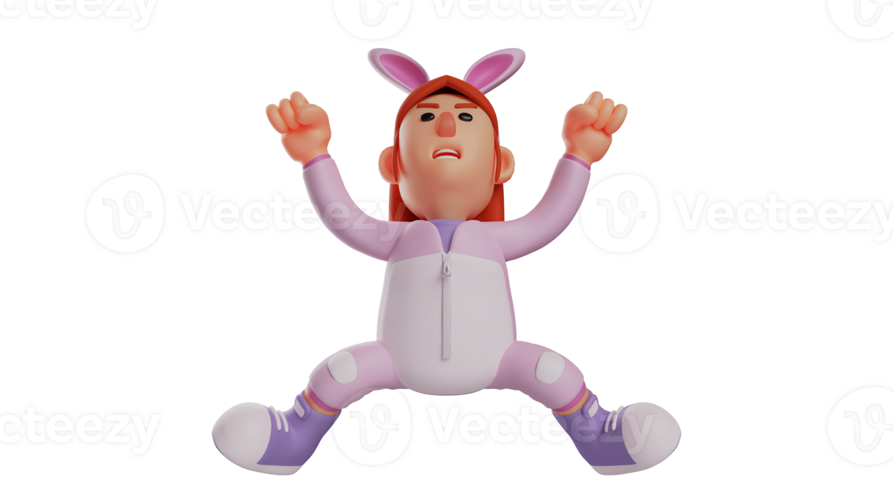 3D illustration. Whimsical Bunny Girl 3D cartoon character. Bunny Girl in a strange pose while stretching her arms. Bunny girl is facing upwards and showing a scary expression. 3D cartoon character png