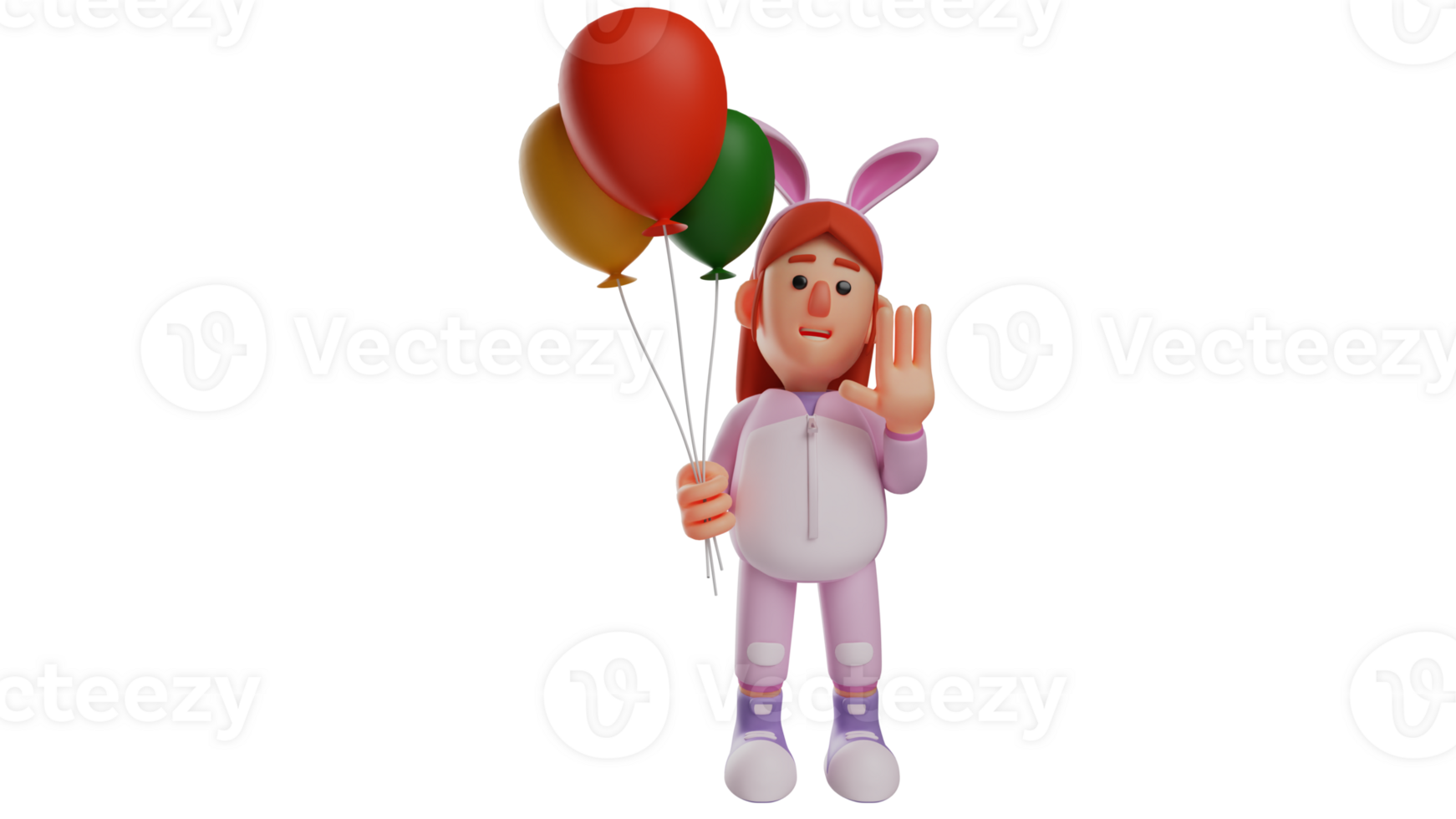 3D illustration. Cute Little Girl 3D cartoon character. Little girl came to the birthday party wearing an adorable bunny costume. Bunny girl is carrying lots of colorful balloons. 3D cartoon character png