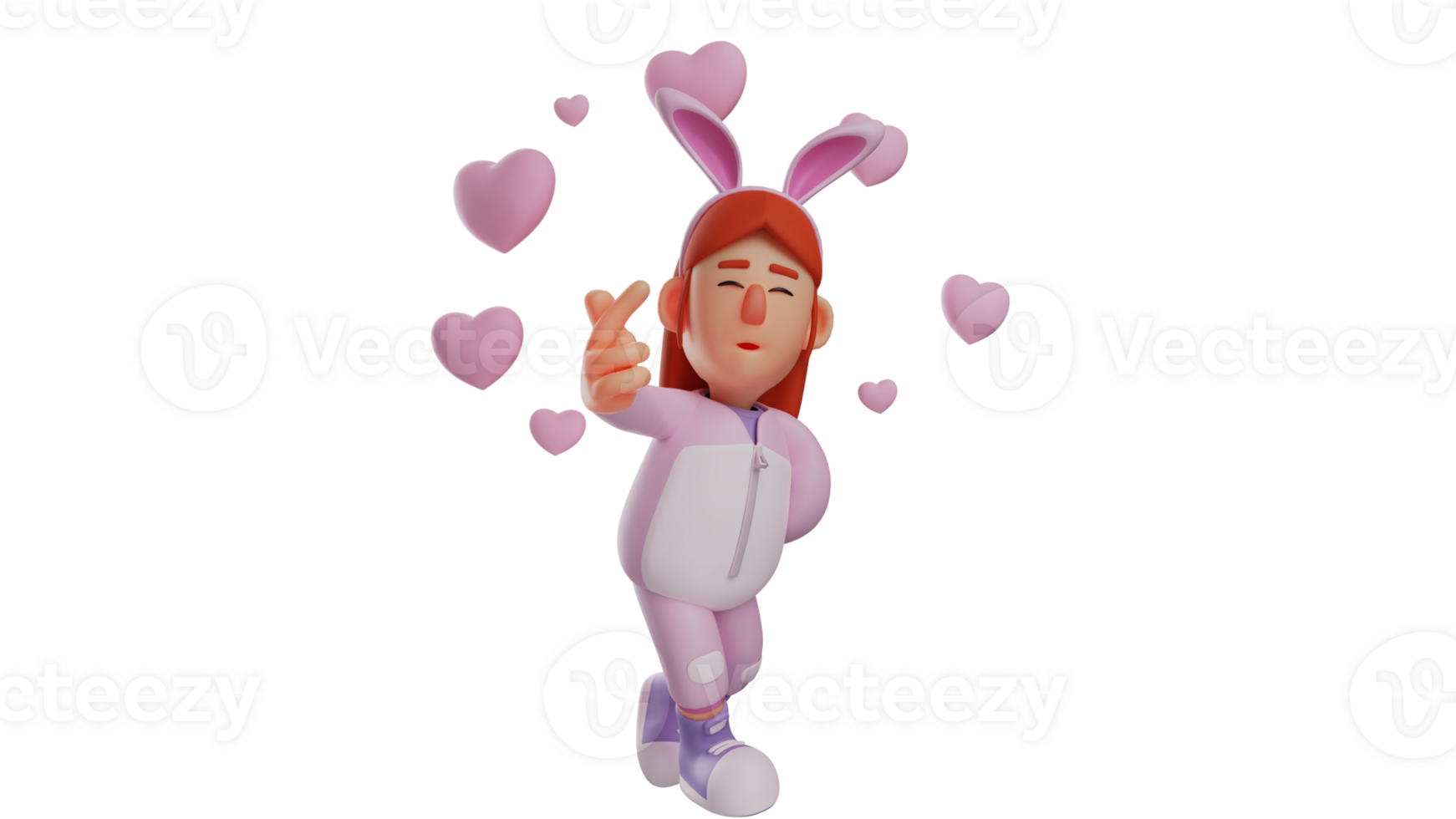 3D illustration. Romantic Bunny Girl 3D cartoon character. Little girl wearing a bunny girl costume. Little girl with love pose using her fingers. Bunny girl surrounded by love. 3D cartoon character png