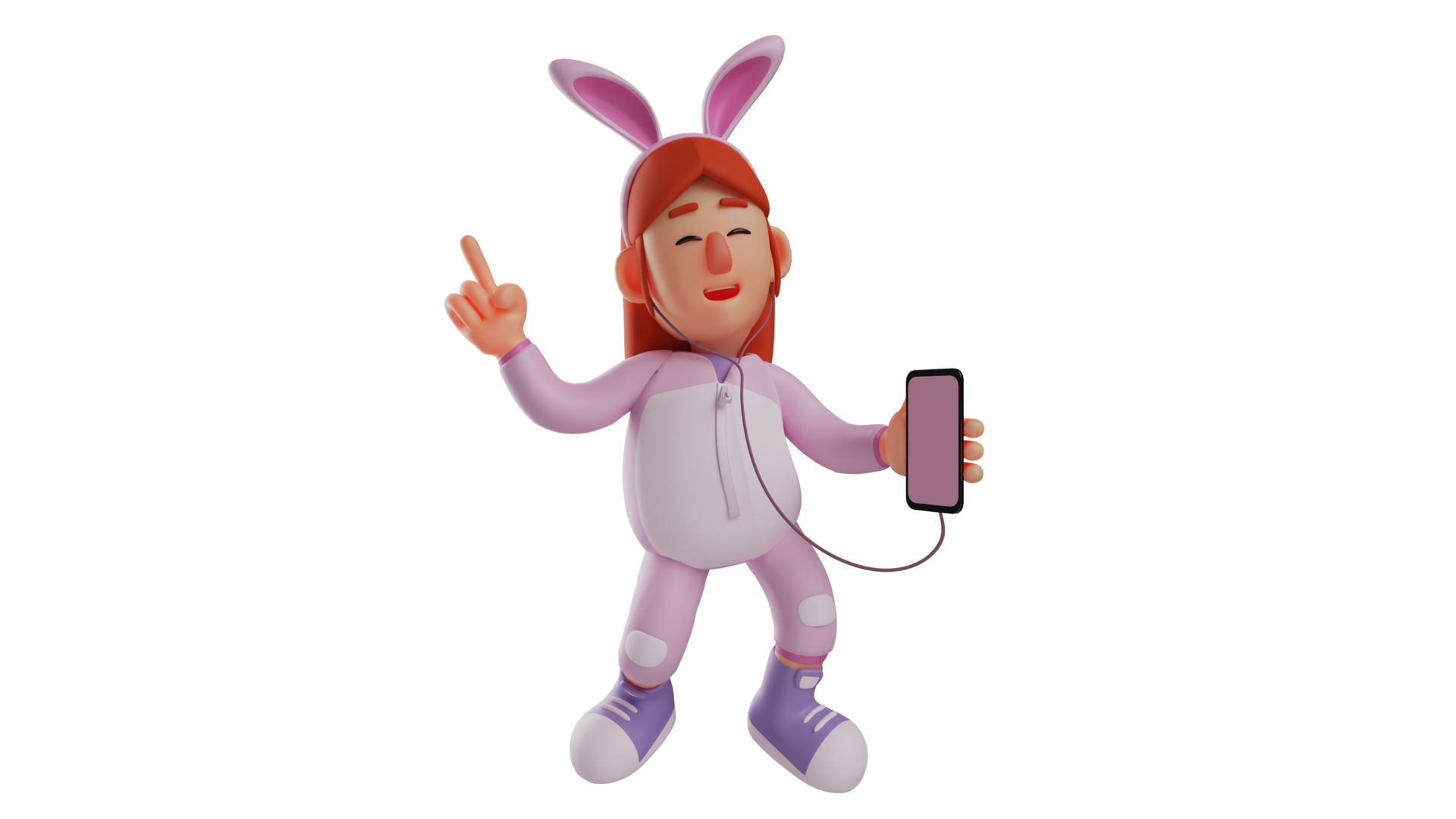 3D illustration. Cheerful Bunny Girl 3D cartoon character. Bunny Girl is  listening to a song on her cellphone. Bunny girl smiled while following the  music she was listening to. 3D cartoon character