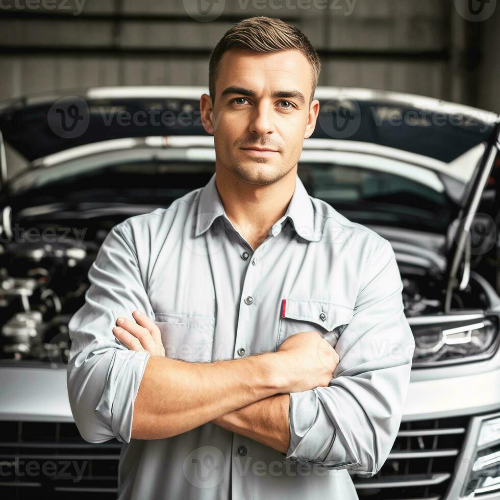 mechanic man standing with crossed arms in car repair shop. AI