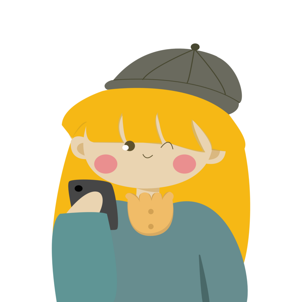 girl with hat and glasses holding a cell phone png