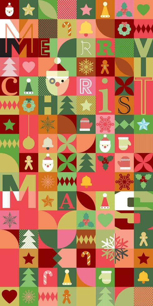 Merry Christmas and colorful Christmas elements in vertical mosaic punchy style vector illustration.