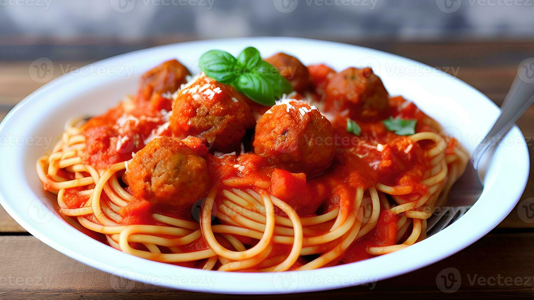 Spaghetti with meatballs and tomato sauce in  plate on wooden table. AI Generative photo