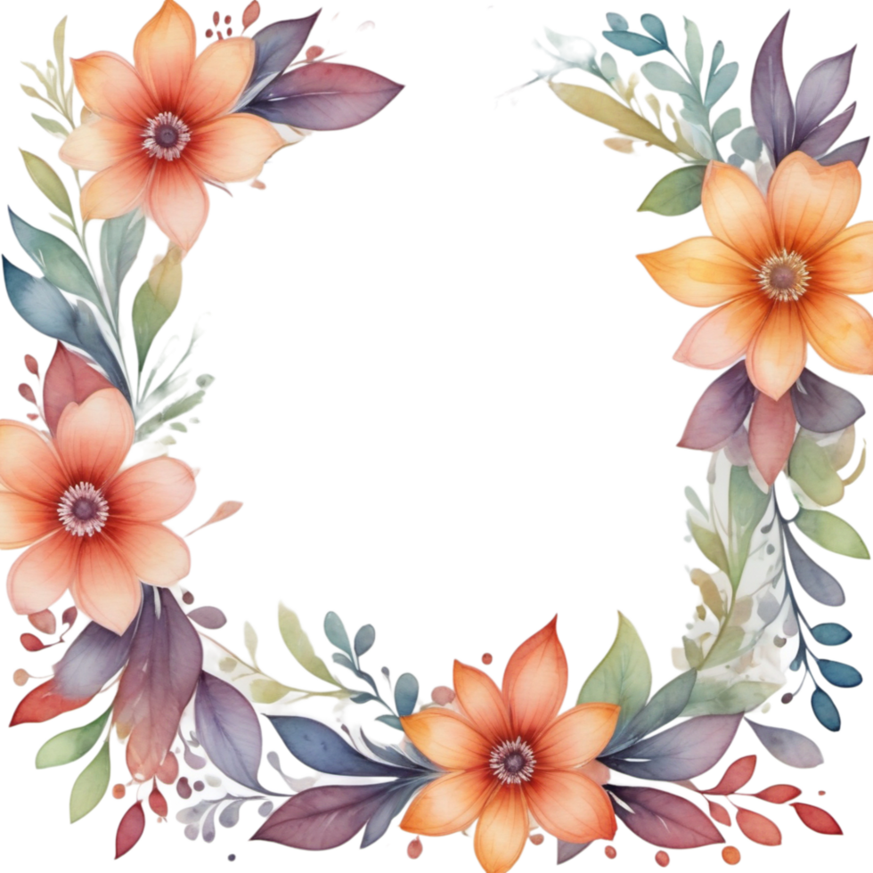 Square Floral Frame With Watercolor Flowers Border And Outlined Leaves. AI Generative png