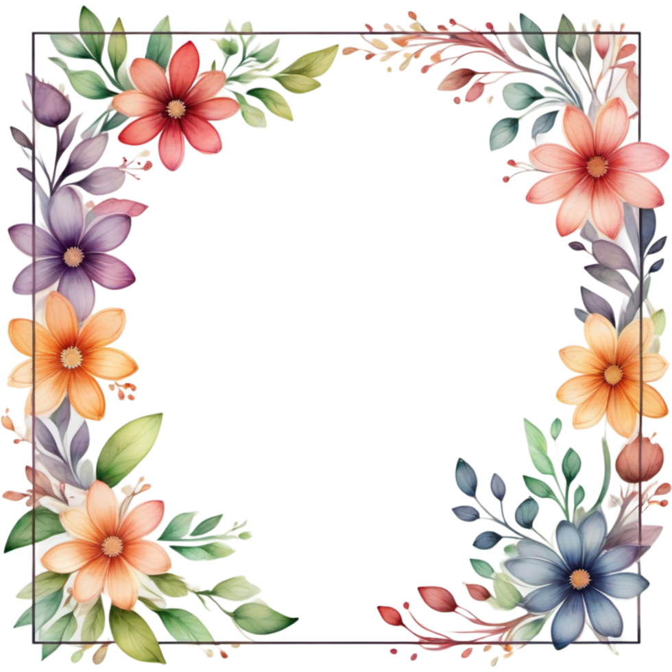Square Floral Frame With Watercolor Flowers Border And Outlined Leaves. AI Generative png