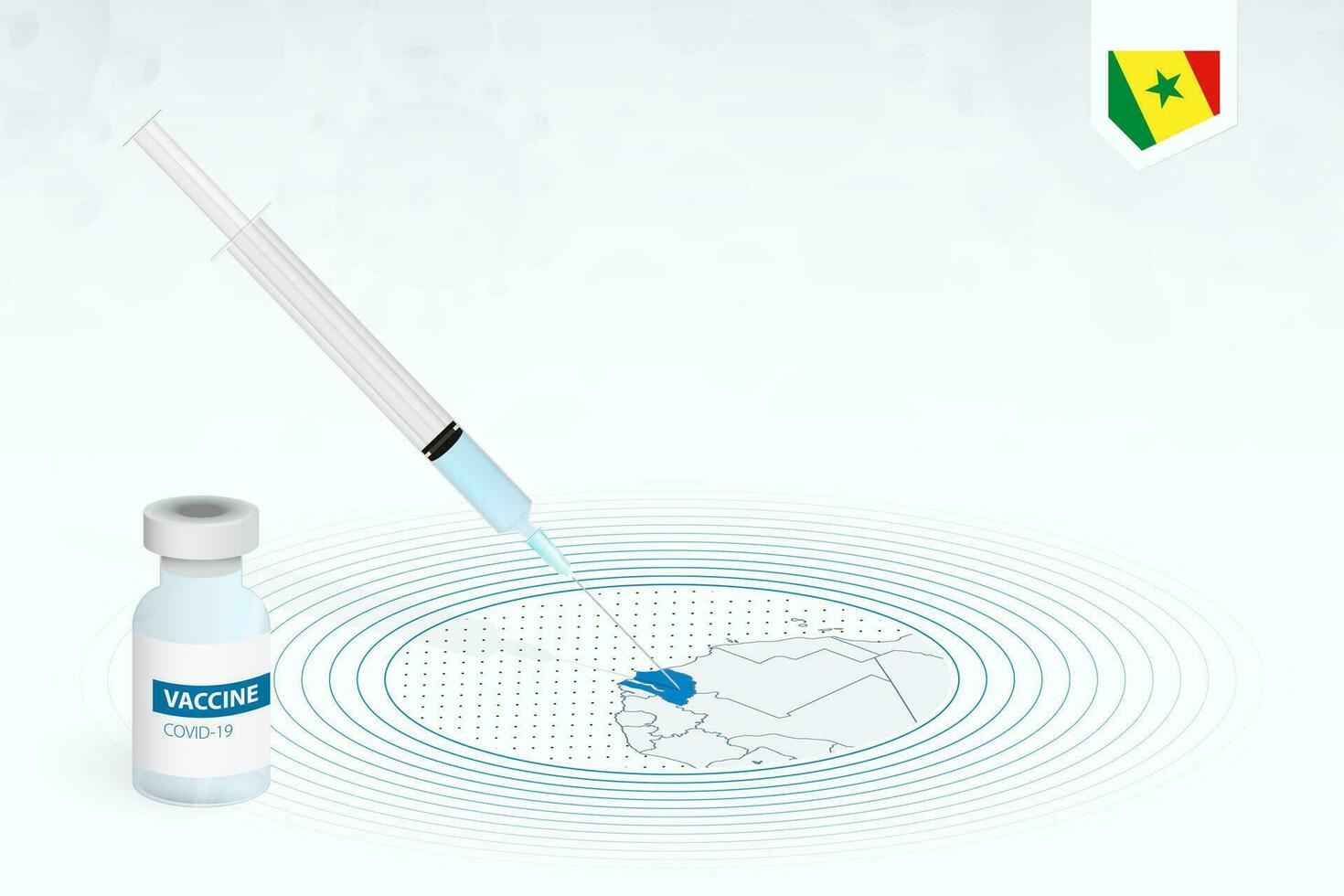 covid-19 vacunación en Senegal, coronavirus vacunación ilustración con vacuna botella y jeringuilla inyección en mapa de Senegal. vector