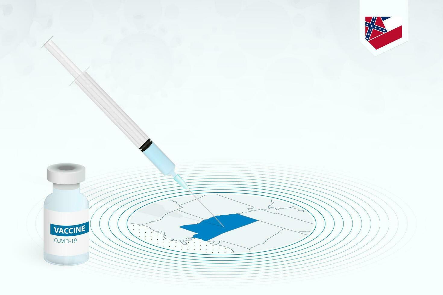 covid-19 vacunación en Misisipí, coronavirus vacunación ilustración con vacuna botella y jeringuilla inyección en mapa de Misisipí. vector