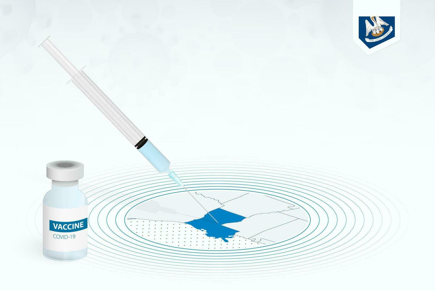 COVID-19 vaccination in Louisiana, coronavirus vaccination illustration with vaccine bottle and syringe injection in map of Louisiana. vector