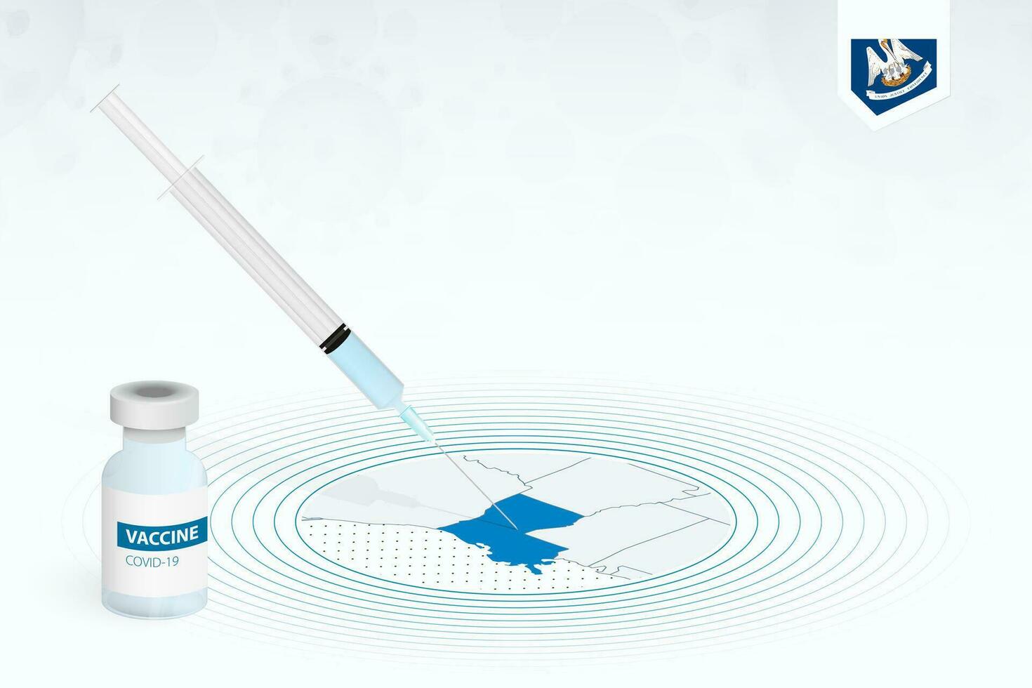 covid-19 vacunación en Luisiana, coronavirus vacunación ilustración con vacuna botella y jeringuilla inyección en mapa de Luisiana. vector