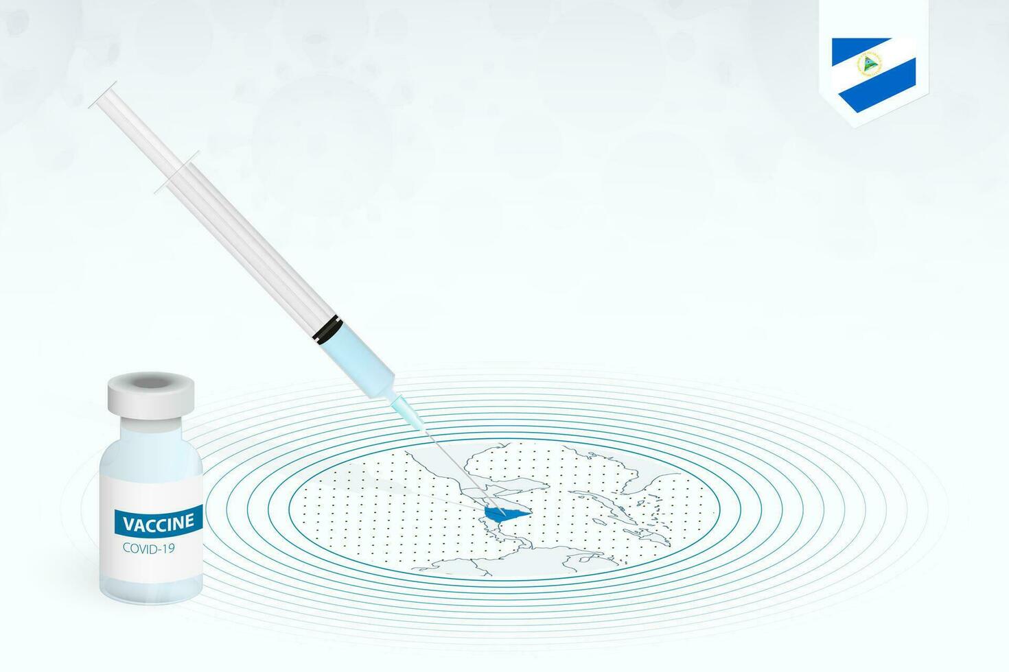 COVID-19 vaccination in Nicaragua, coronavirus vaccination illustration with vaccine bottle and syringe injection in map of Nicaragua. vector