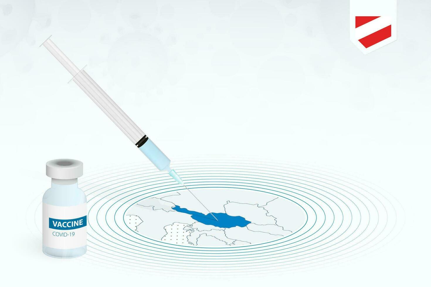 covid-19 vacunación en Austria, coronavirus vacunación ilustración con vacuna botella y jeringuilla inyección en mapa de Austria. vector