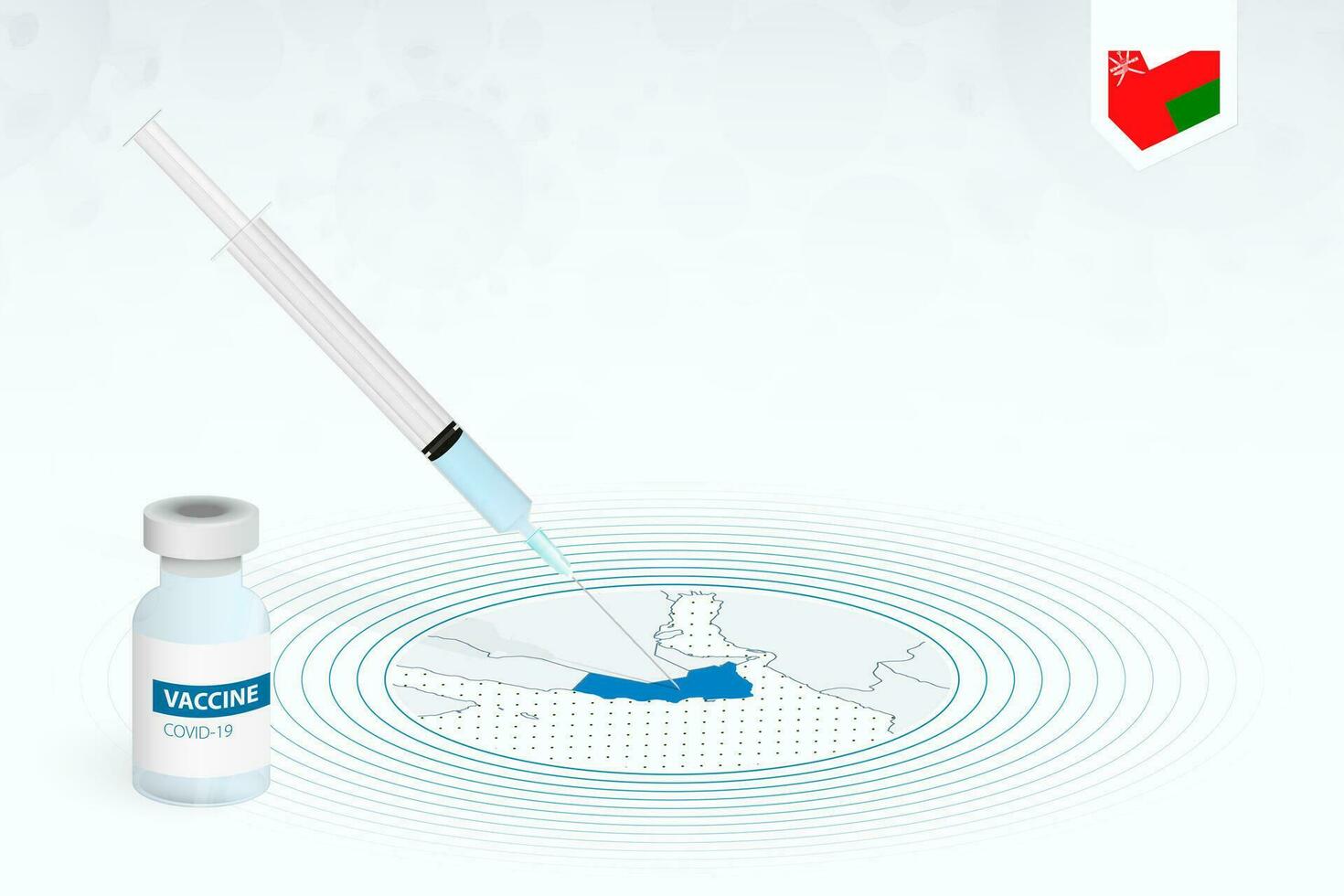 COVID-19 vaccination in Oman, coronavirus vaccination illustration with vaccine bottle and syringe injection in map of Oman. vector
