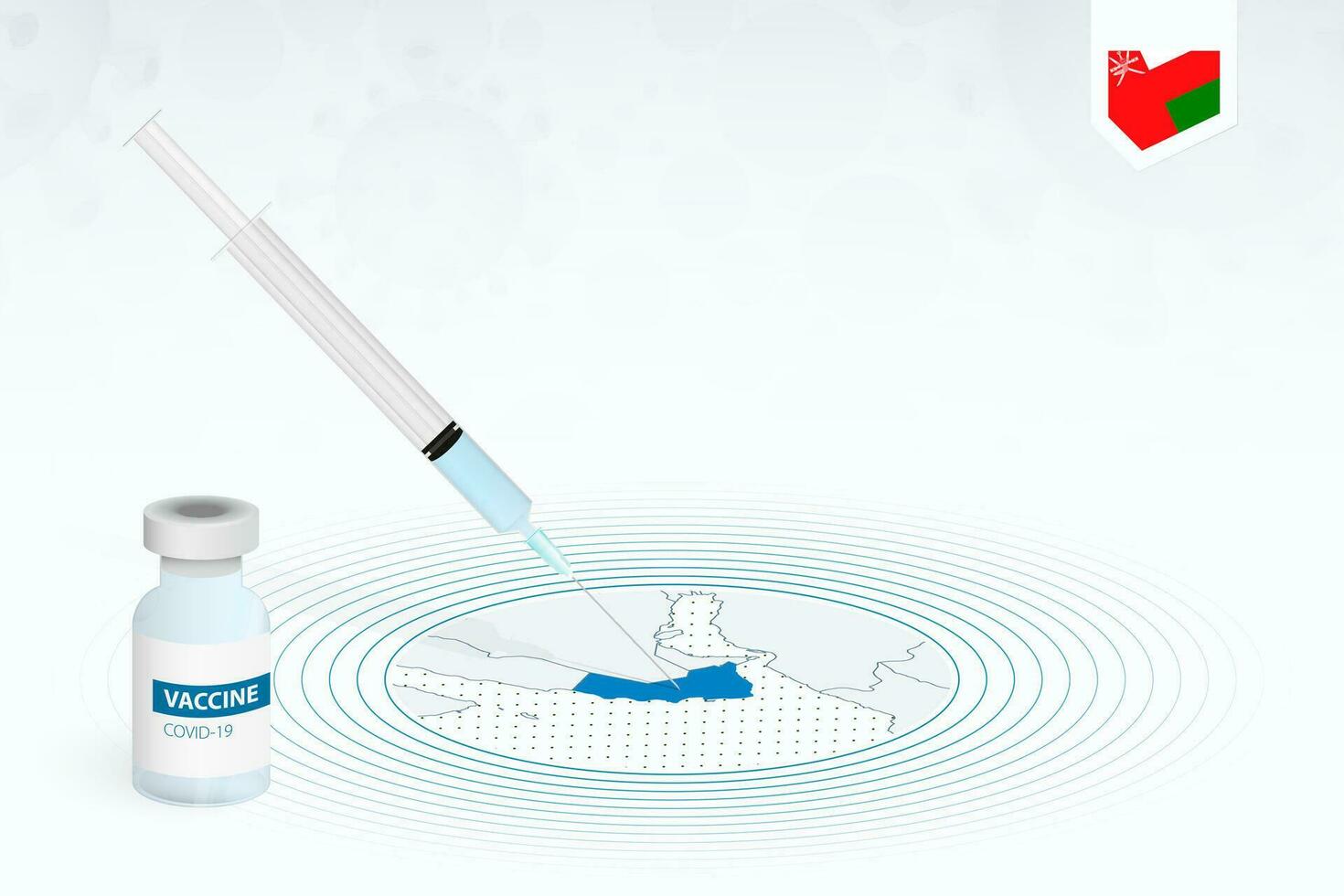 covid-19 vacunación en Omán, coronavirus vacunación ilustración con vacuna botella y jeringuilla inyección en mapa de Omán. vector