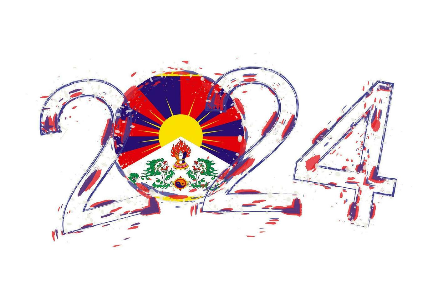 2024 Year in grunge style with flag of Tibet. vector