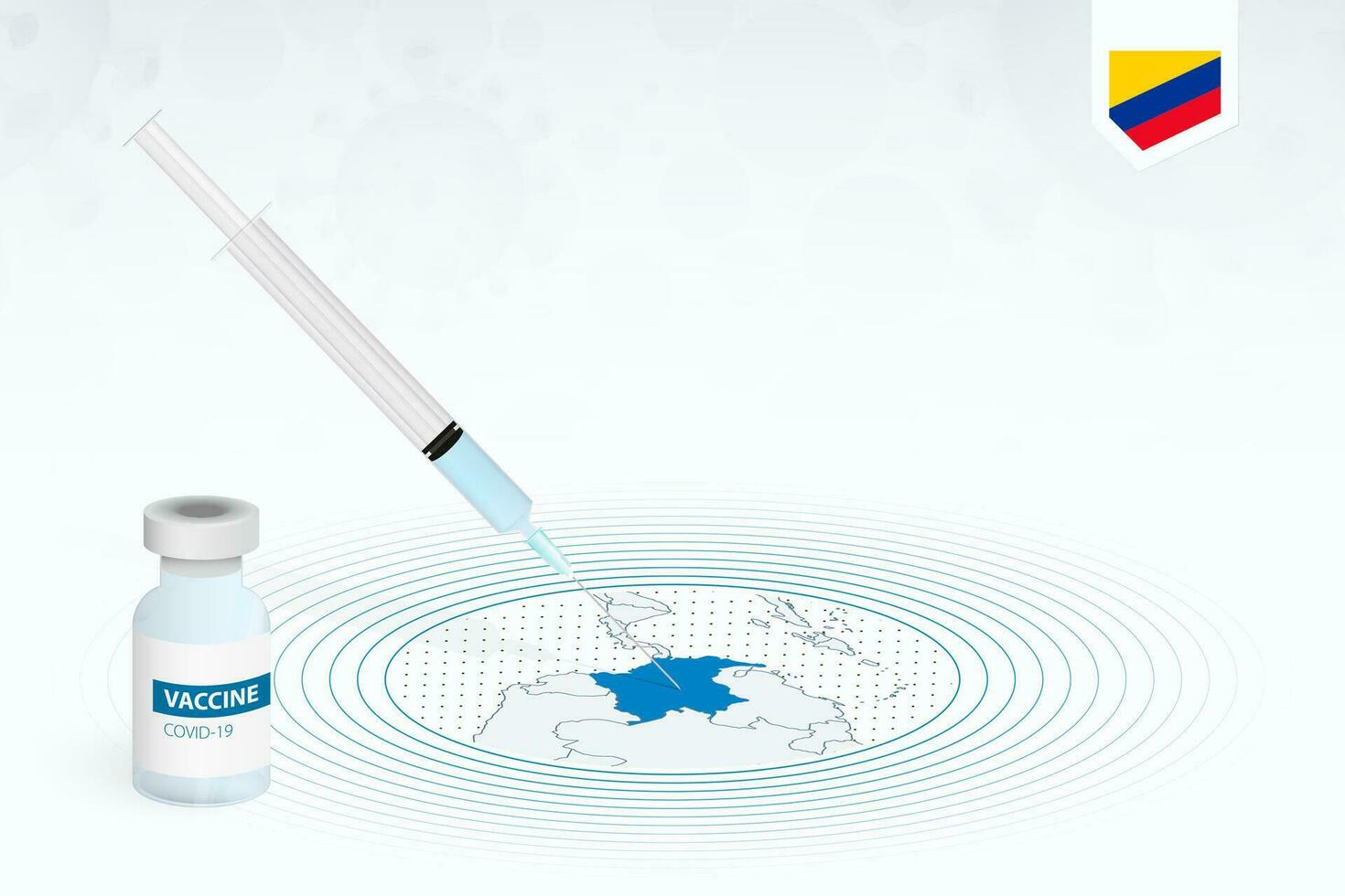 covid-19 vacunación en Colombia, coronavirus vacunación ilustración con vacuna botella y jeringuilla inyección en mapa de Colombia. vector