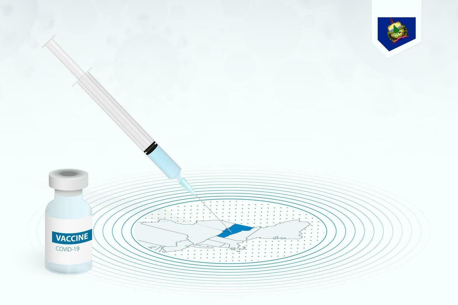 covid-19 vacunación en Vermont, coronavirus vacunación ilustración con vacuna botella y jeringuilla inyección en mapa de Vermont. vector