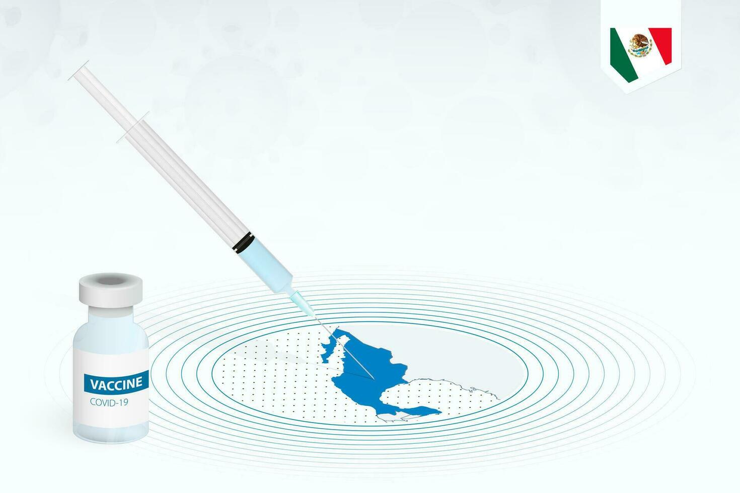 COVID-19 vaccination in Mexico, coronavirus vaccination illustration with vaccine bottle and syringe injection in map of Mexico. vector