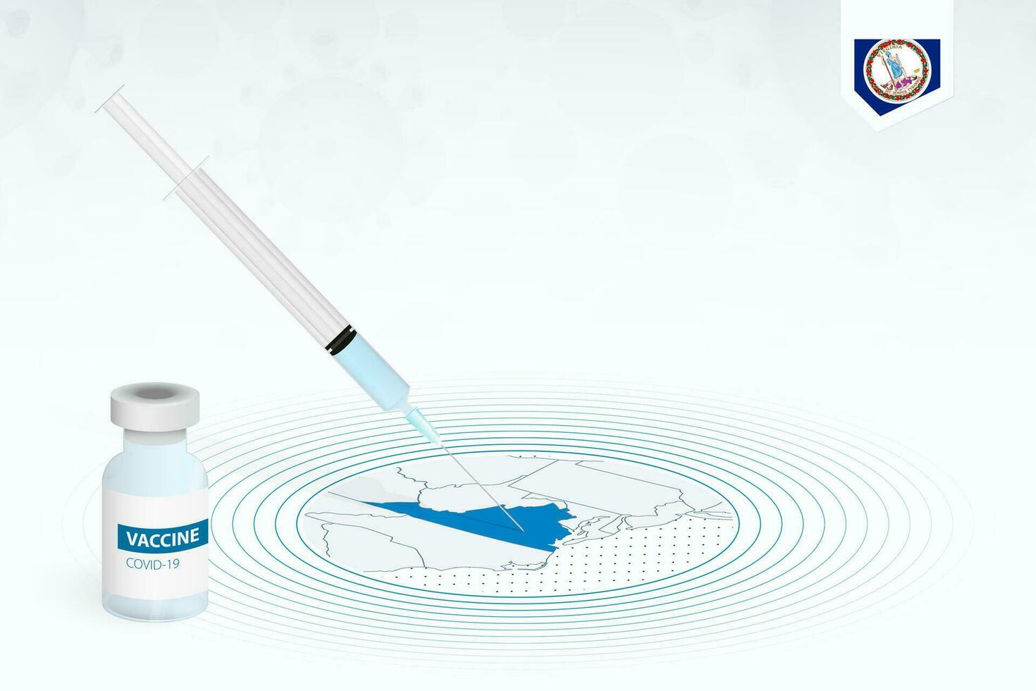 COVID-19 vaccination in Virginia, coronavirus vaccination illustration with vaccine bottle and syringe injection in map of Virginia. vector