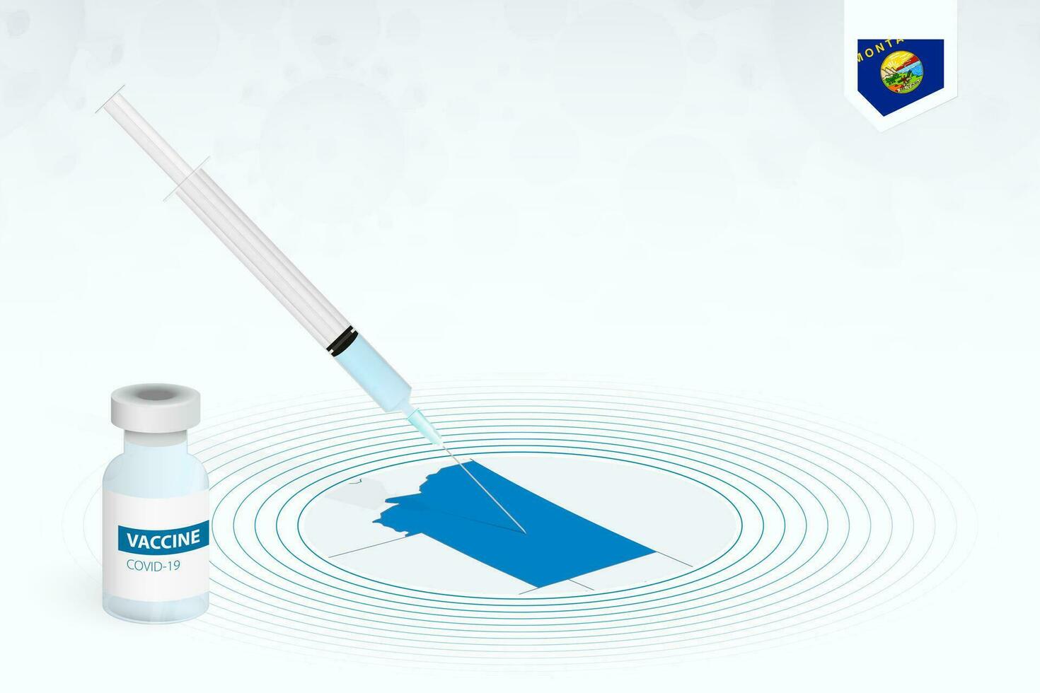 COVID-19 vaccination in Montana, coronavirus vaccination illustration with vaccine bottle and syringe injection in map of Montana. vector