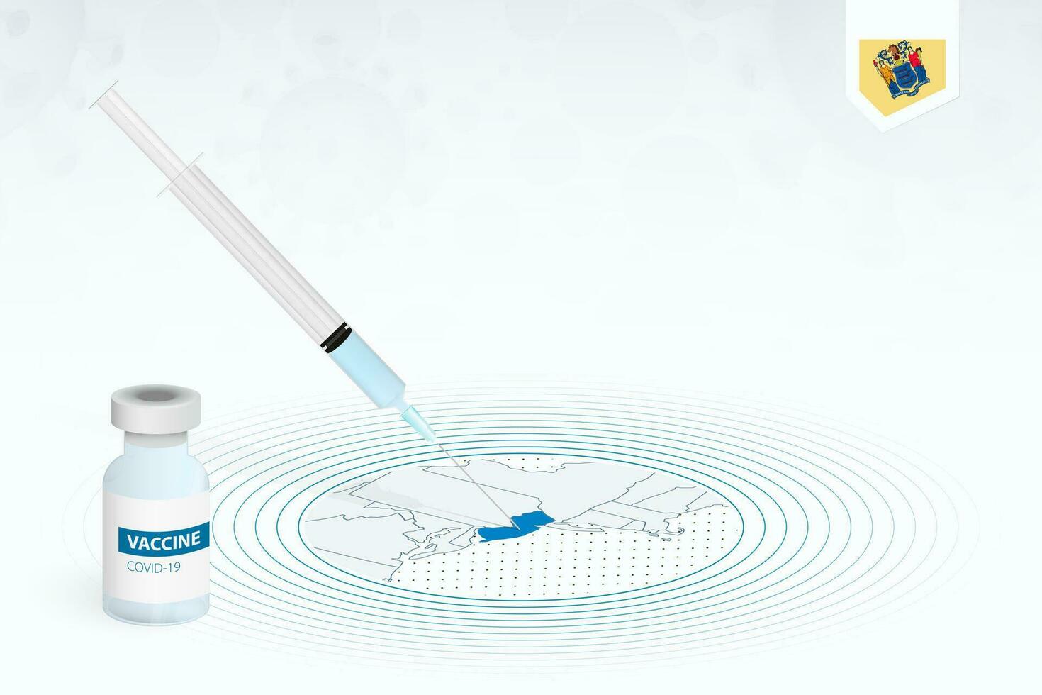 COVID-19 vaccination in New Jersey, coronavirus vaccination illustration with vaccine bottle and syringe injection in map of New Jersey. vector