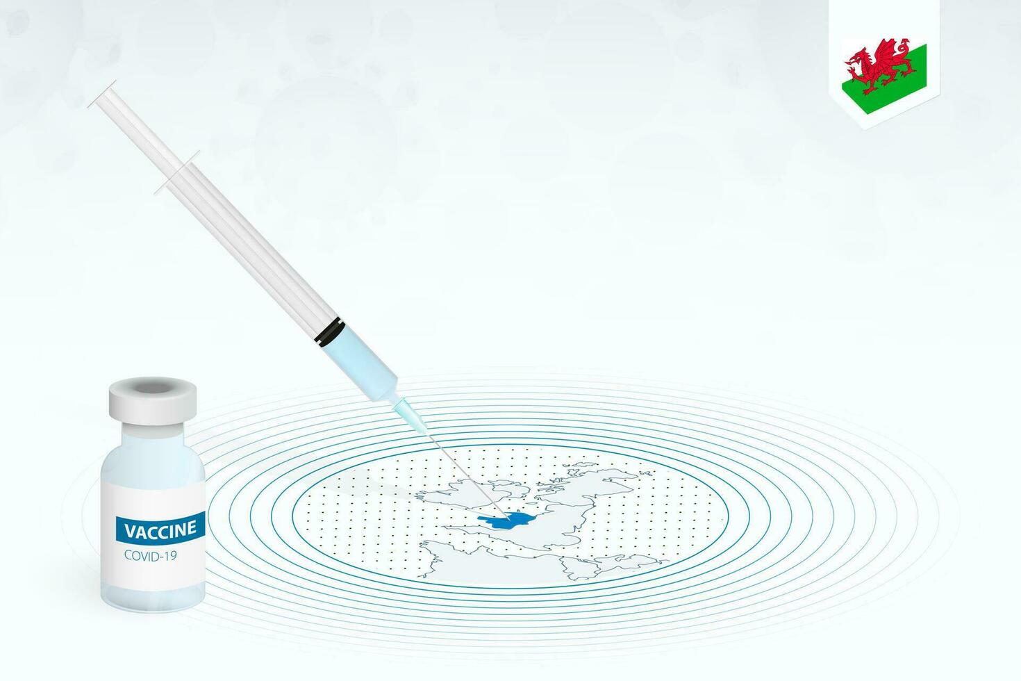 COVID-19 vaccination in Wales, coronavirus vaccination illustration with vaccine bottle and syringe injection in map of Wales. vector