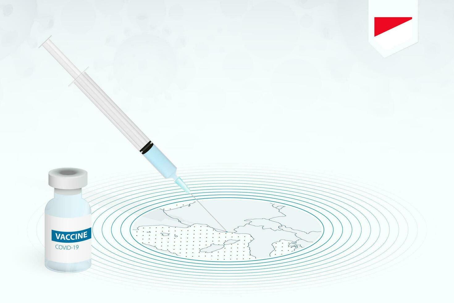 covid-19 vacunación en Mónaco, coronavirus vacunación ilustración con vacuna botella y jeringuilla inyección en mapa de Mónaco. vector