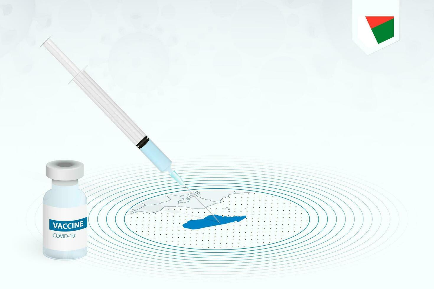 COVID-19 vaccination in Madagascar, coronavirus vaccination illustration with vaccine bottle and syringe injection in map of Madagascar. vector