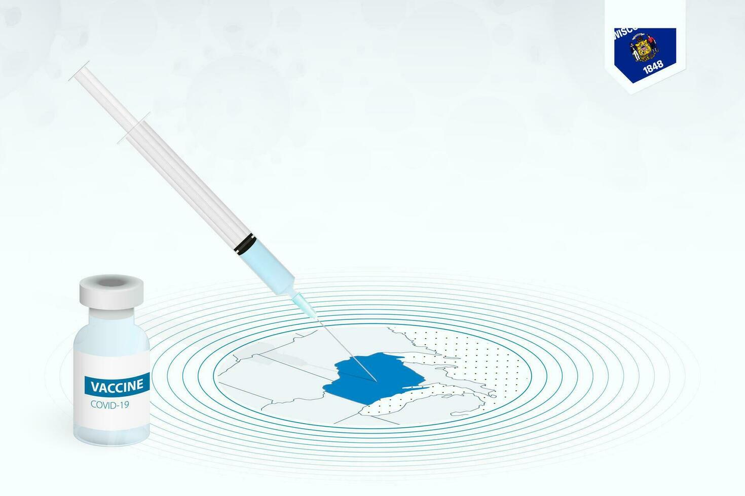 COVID-19 vaccination in Wisconsin, coronavirus vaccination illustration with vaccine bottle and syringe injection in map of Wisconsin. vector