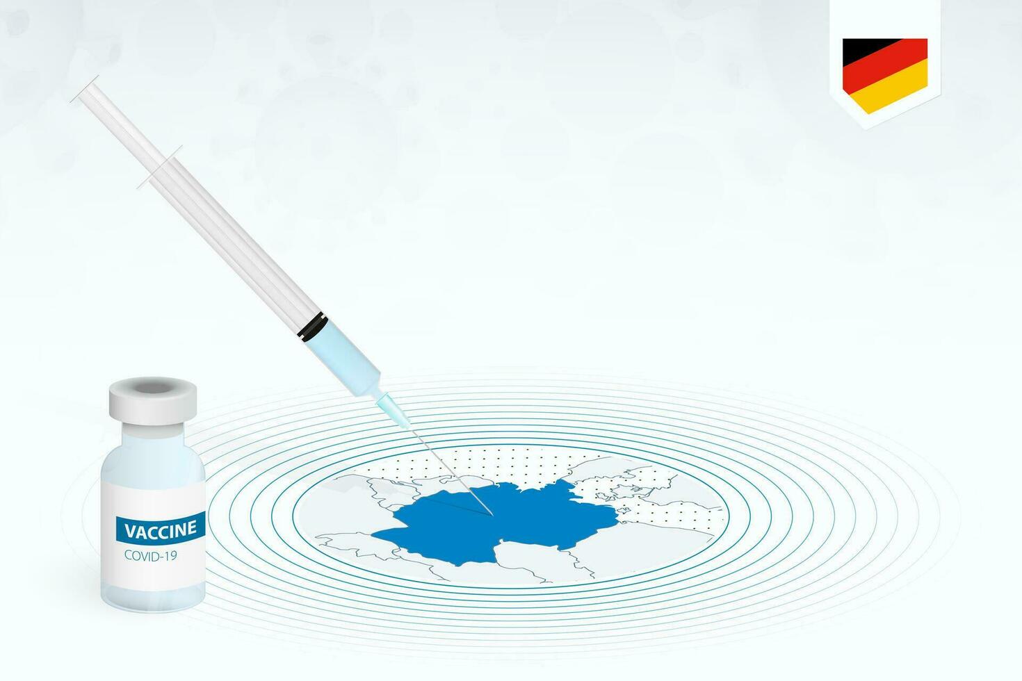 COVID-19 vaccination in Germany, coronavirus vaccination illustration with vaccine bottle and syringe injection in map of Germany. vector