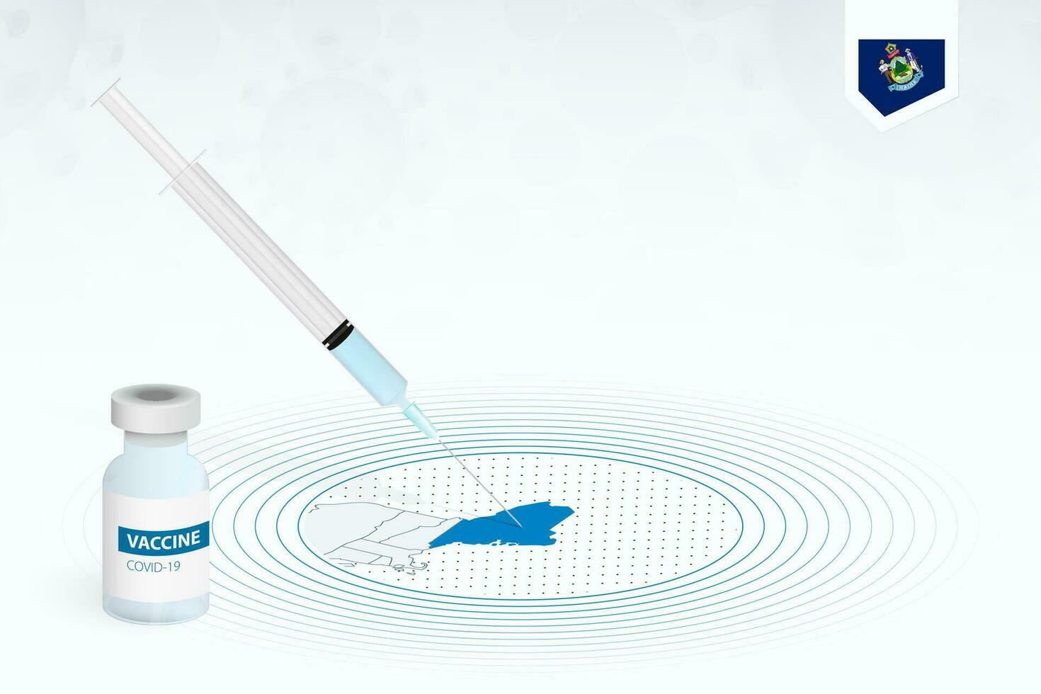 covid-19 vacunación en Maine, coronavirus vacunación ilustración con vacuna botella y jeringuilla inyección en mapa de Maine. vector