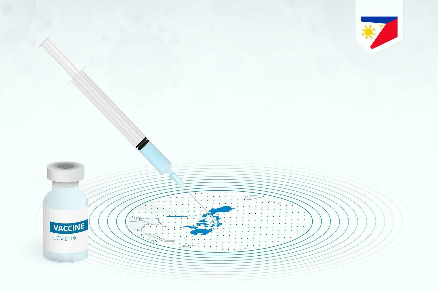 covid-19 vacunación en filipinas, coronavirus vacunación ilustración con vacuna botella y jeringuilla inyección en mapa de filipinas vector