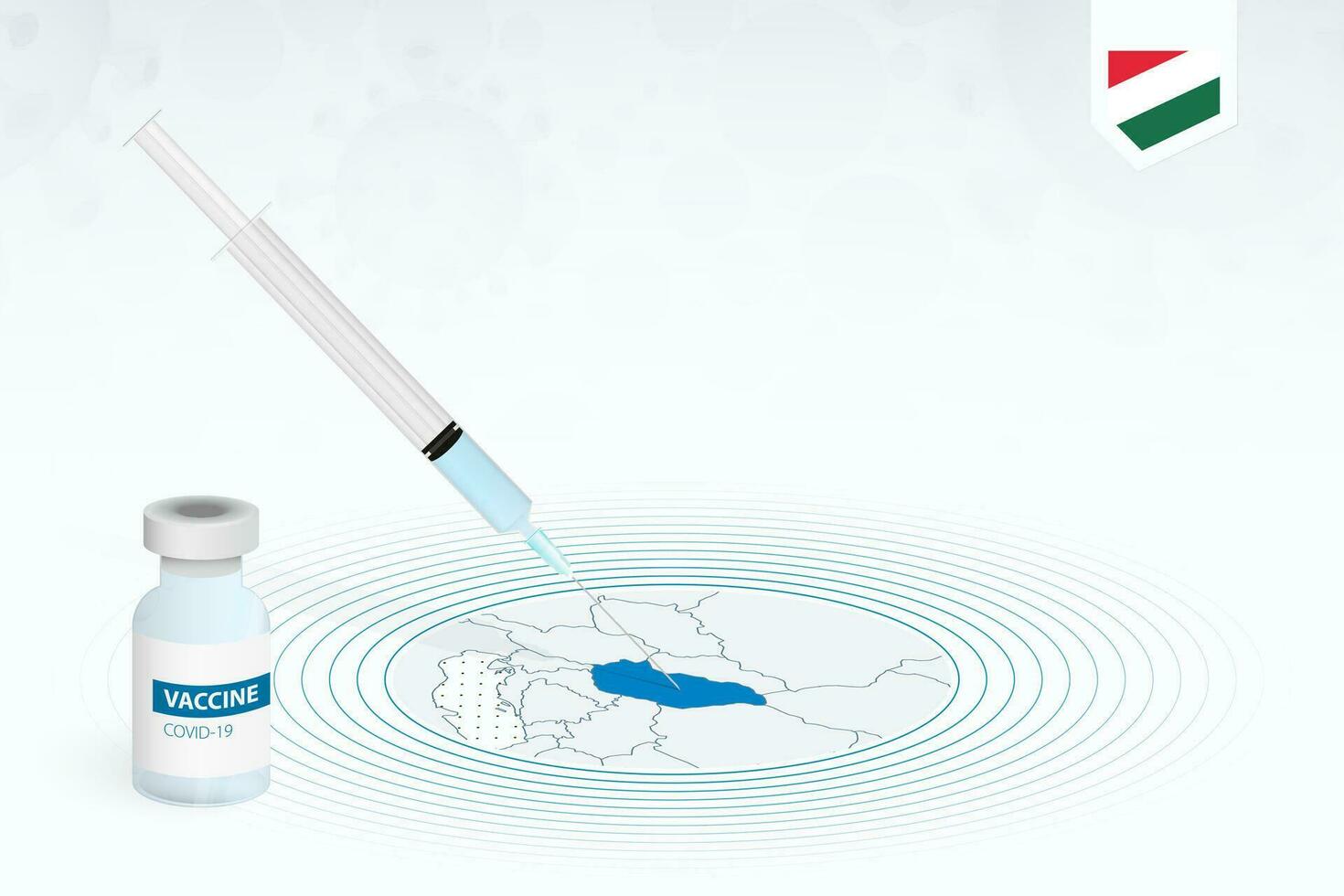 COVID-19 vaccination in Hungary, coronavirus vaccination illustration with vaccine bottle and syringe injection in map of Hungary. vector