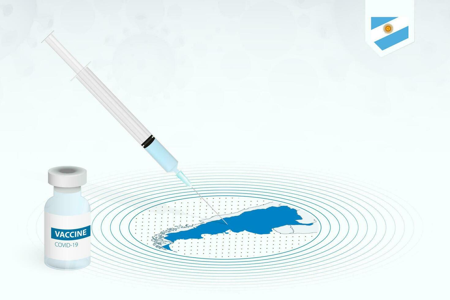 covid-19 vacunación en argentina, coronavirus vacunación ilustración con vacuna botella y jeringuilla inyección en mapa de argentina. vector