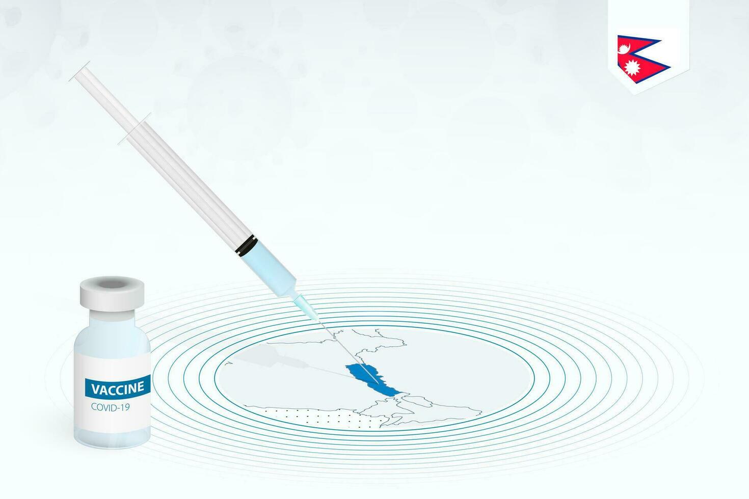 COVID-19 vaccination in Nepal, coronavirus vaccination illustration with vaccine bottle and syringe injection in map of Nepal. vector