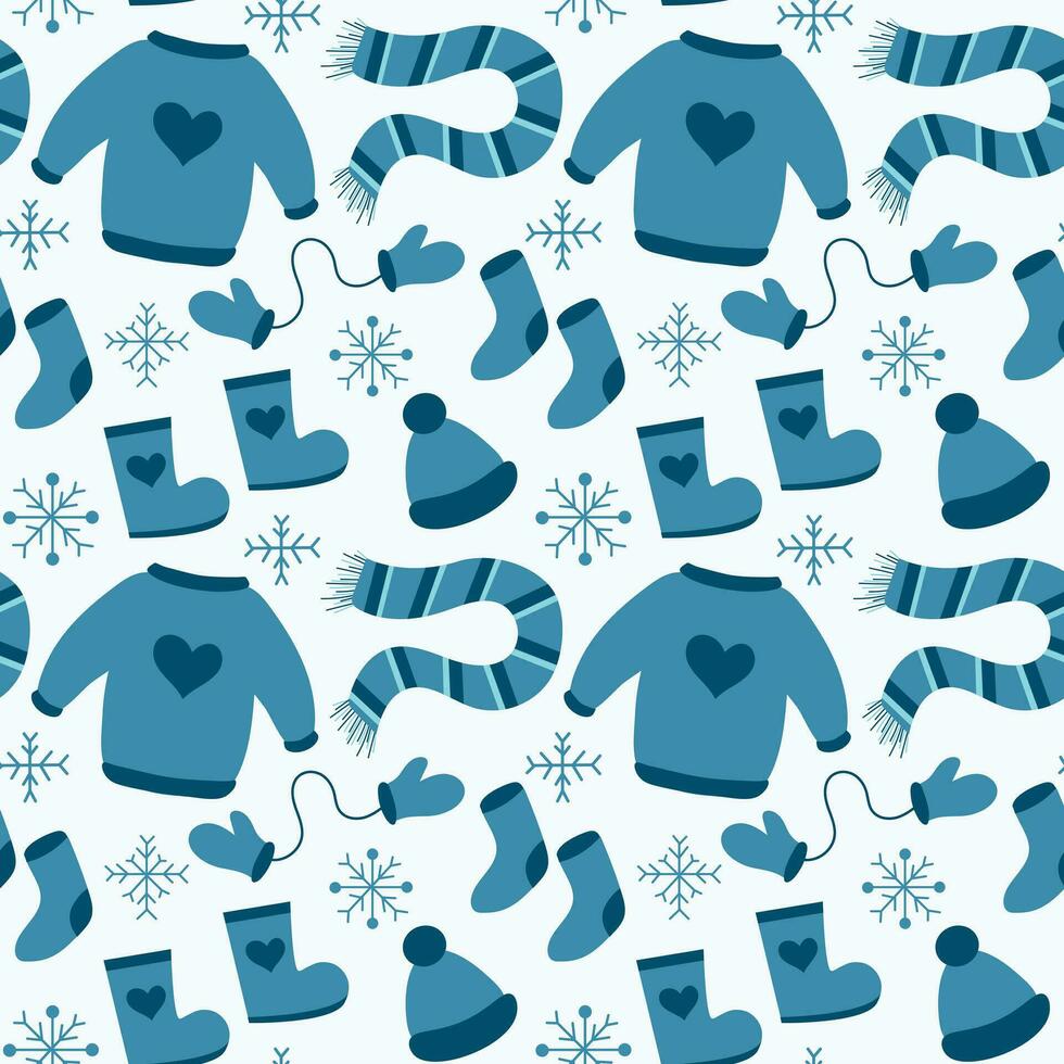 Seamless pattern with winter clothes. Sweater, socks, boots, scarf, mittens, hat and snowflakes. Vector flat illustration.