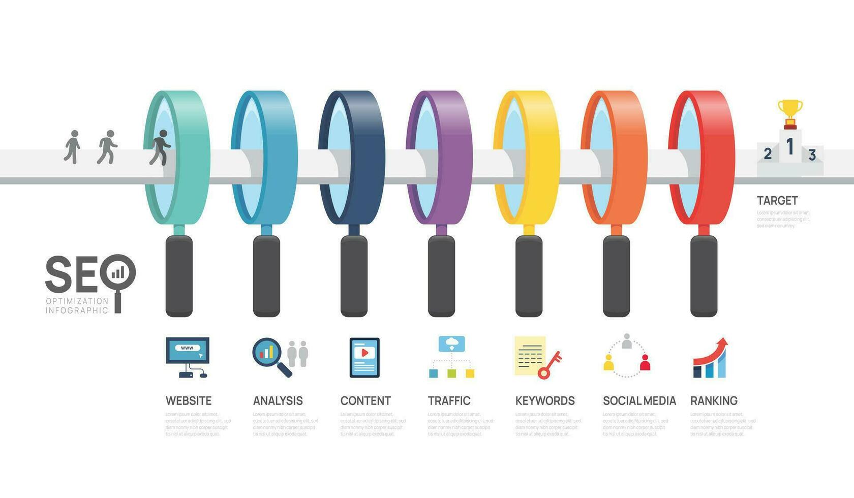 infografía modelo seo mejoramiento diagrama aumentador vaso modelo. seo digital presentación disposición. 7 7 opción gráfico pasos. vector
