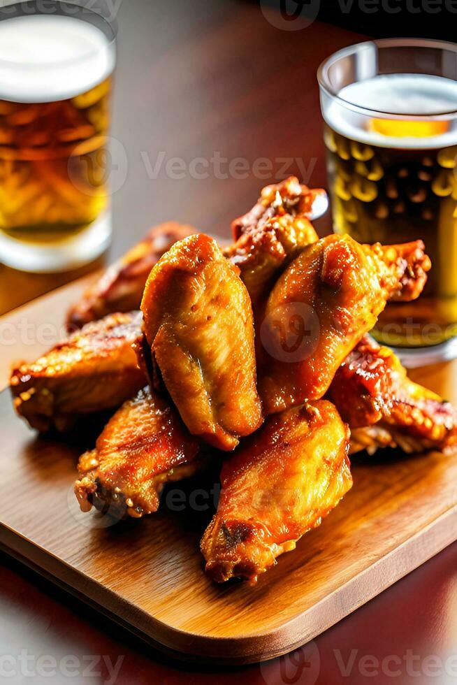 Grilled chicken wings with a glass of beer on a wooden table. AI Generative photo