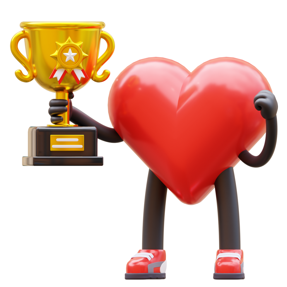 maravilloso Clásico 3d corazón personaje participación un dorado trofeo. mascota 3d ilustración png