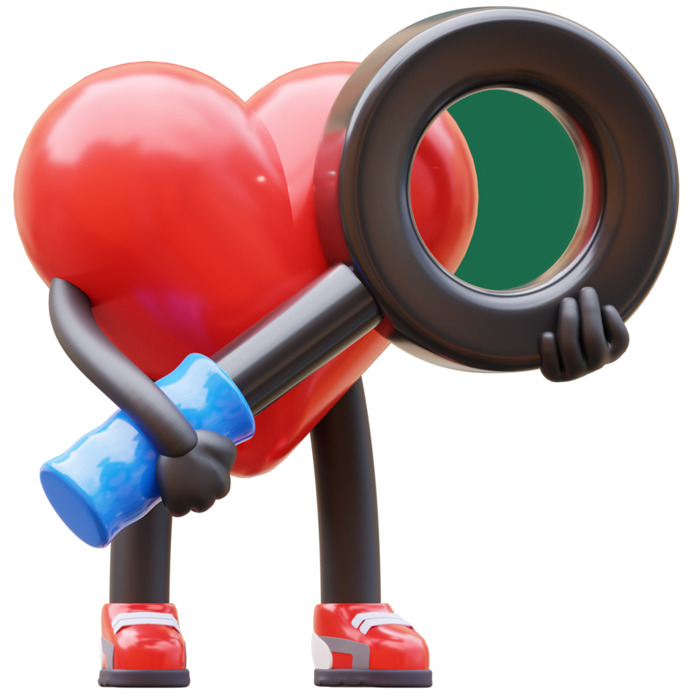 groovy vintage 3d heart character holding a magnifying glass. mascot 3d illustration png