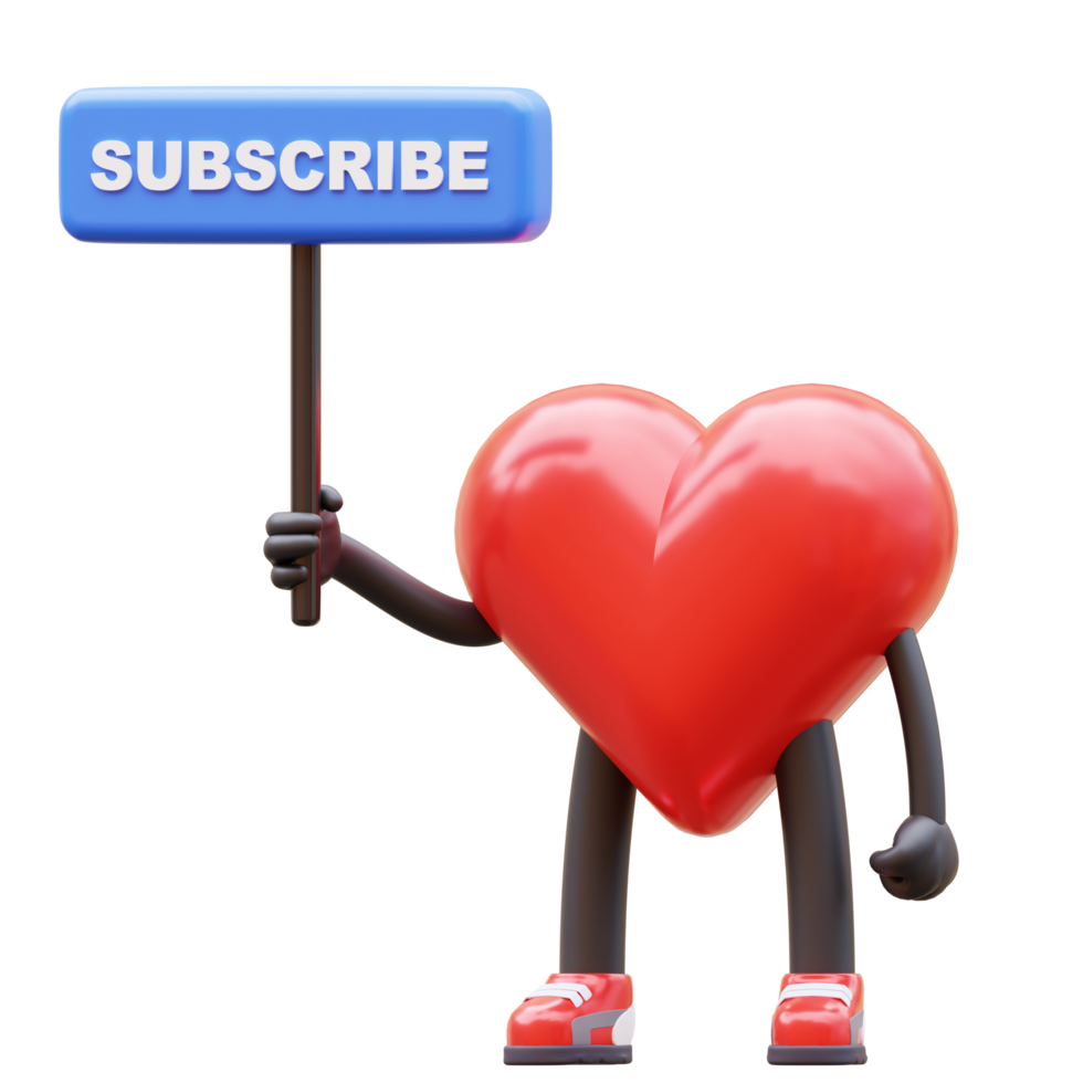 groovy vintage 3d heart character holding a subscribe sign. mascot 3d illustration png