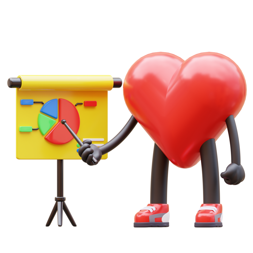 Groovy vintage heart character is presenting a diagram report. mascot 3d illustration png