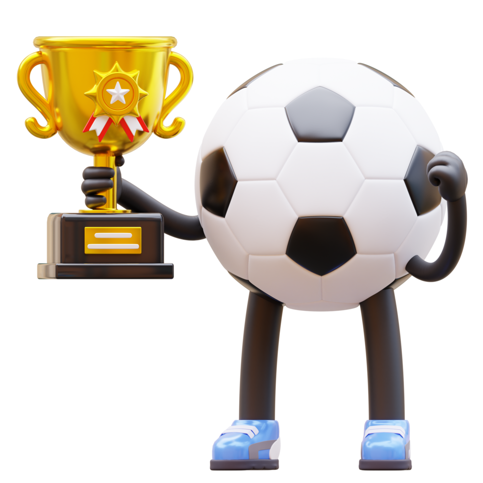 3D soccer ball character holding a trophy cup. png