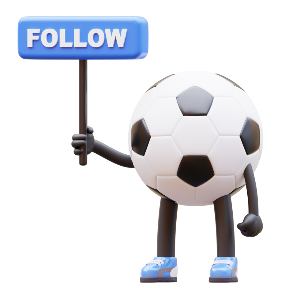3D soccer ball character with a follow sign. png