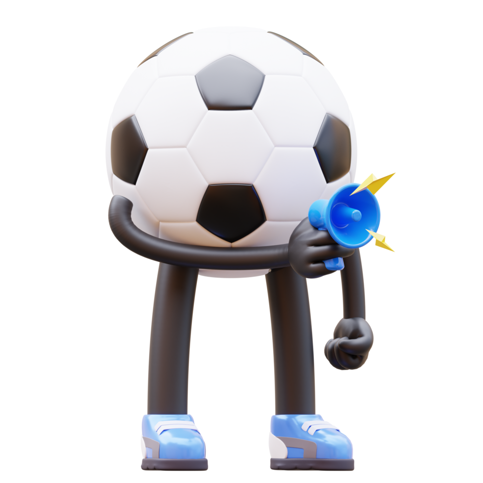 3d dibujos animados fútbol pelota personaje participación un megáfono png