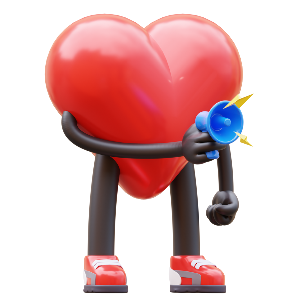 Groovy vintage heart character is making an announcement. mascot 3d illustration png