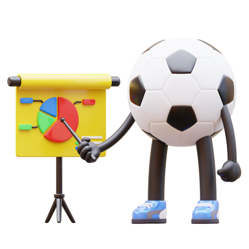 3D cartoon soccer ball with arms and legs holding a pointer board png