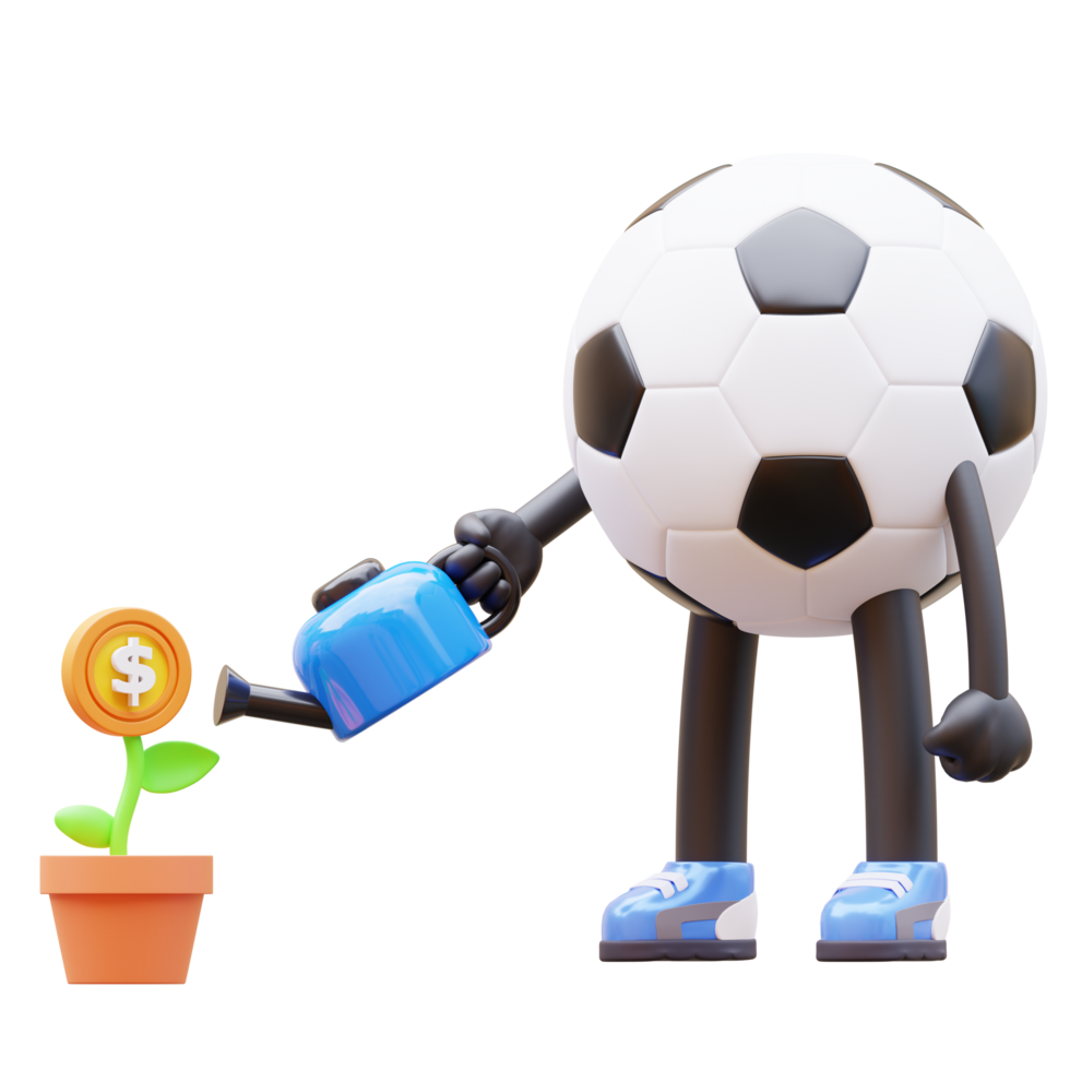 3d desenho animado futebol bola com uma rega pode e uma dinheiro plantar png