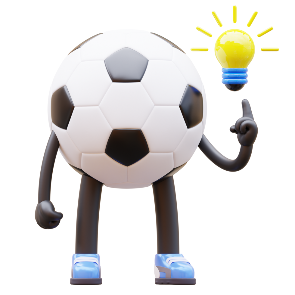 3d Karikatur Fußball Ball Charakter halten ein Licht Birne ist ein spielerisch und kreativ Design png